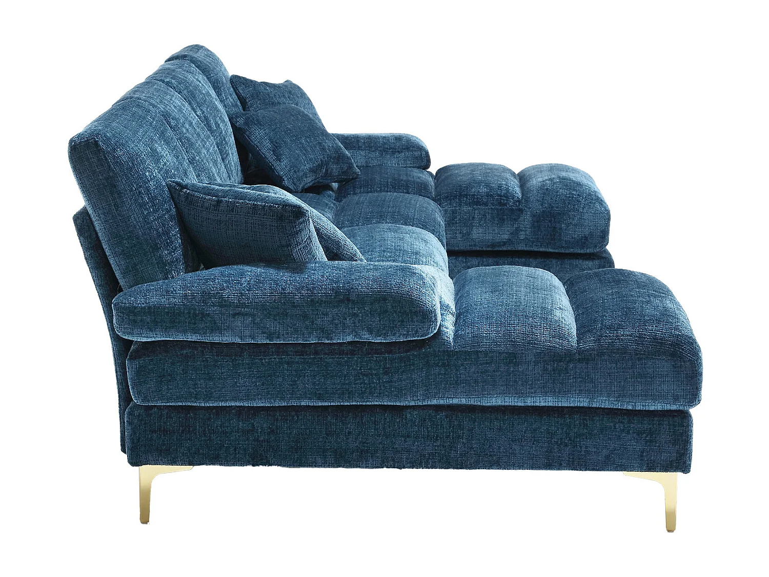 Blaues Chenille-U-Sofa, gepolstertes Sofa mit Kissen und Zierkissen, für Wohn- und Schlafzimmer