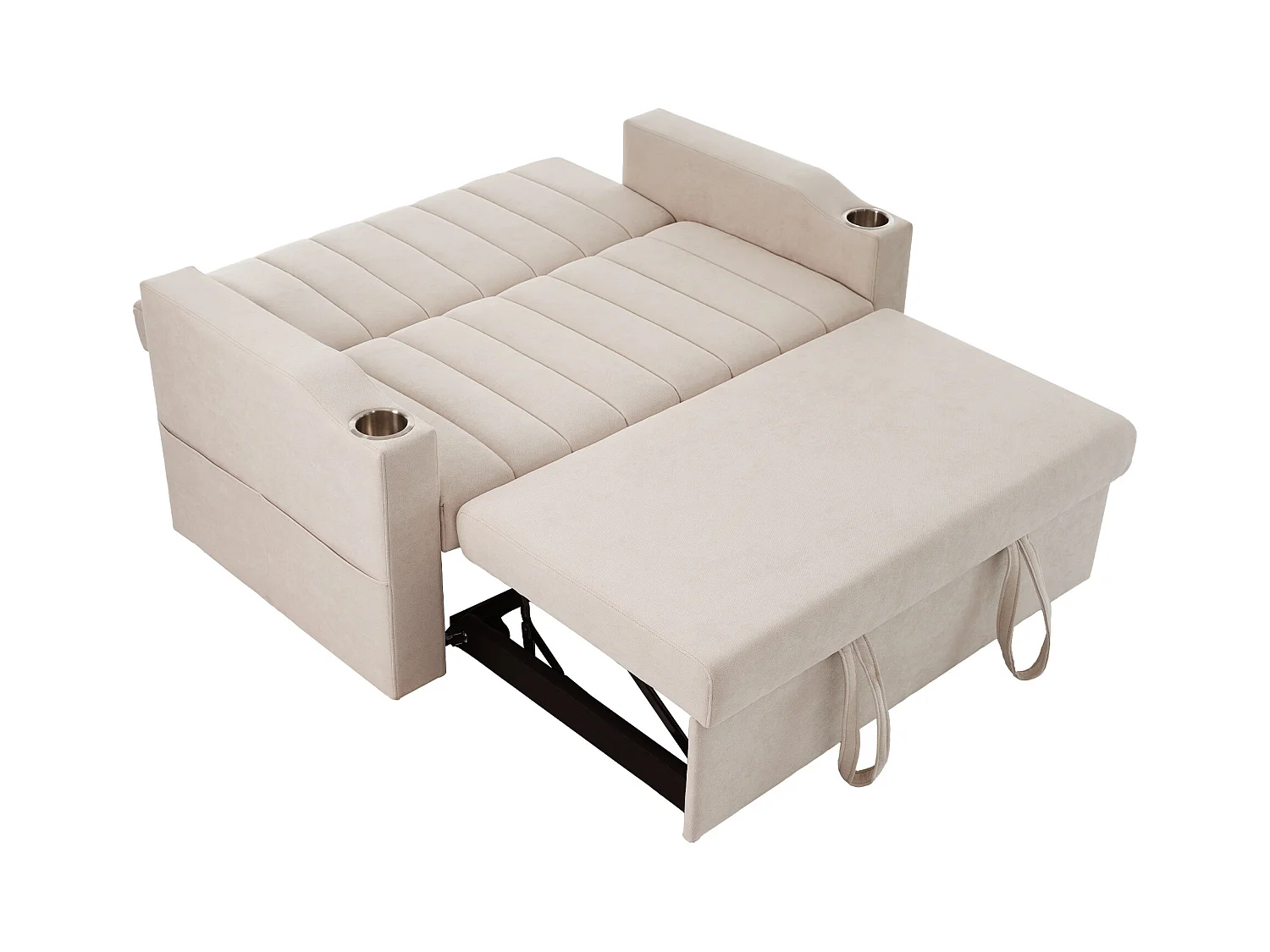 Sofá plegable de 2 plazas, terciopelo beige, con respaldo ajustable y portavasos, para salón o dormitorio