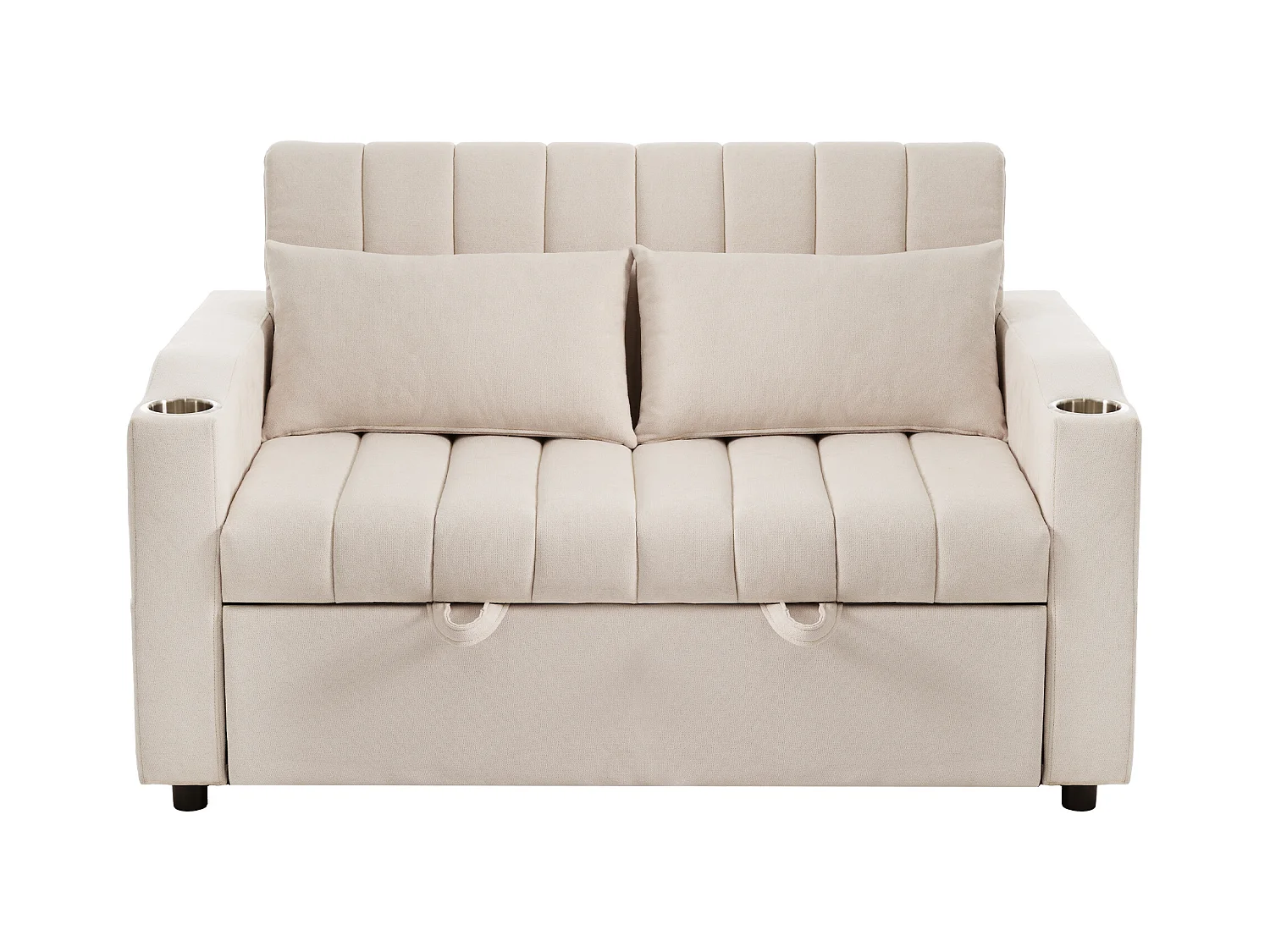 Sofá plegable de 2 plazas, terciopelo beige, con respaldo ajustable y portavasos, para salón o dormitorio