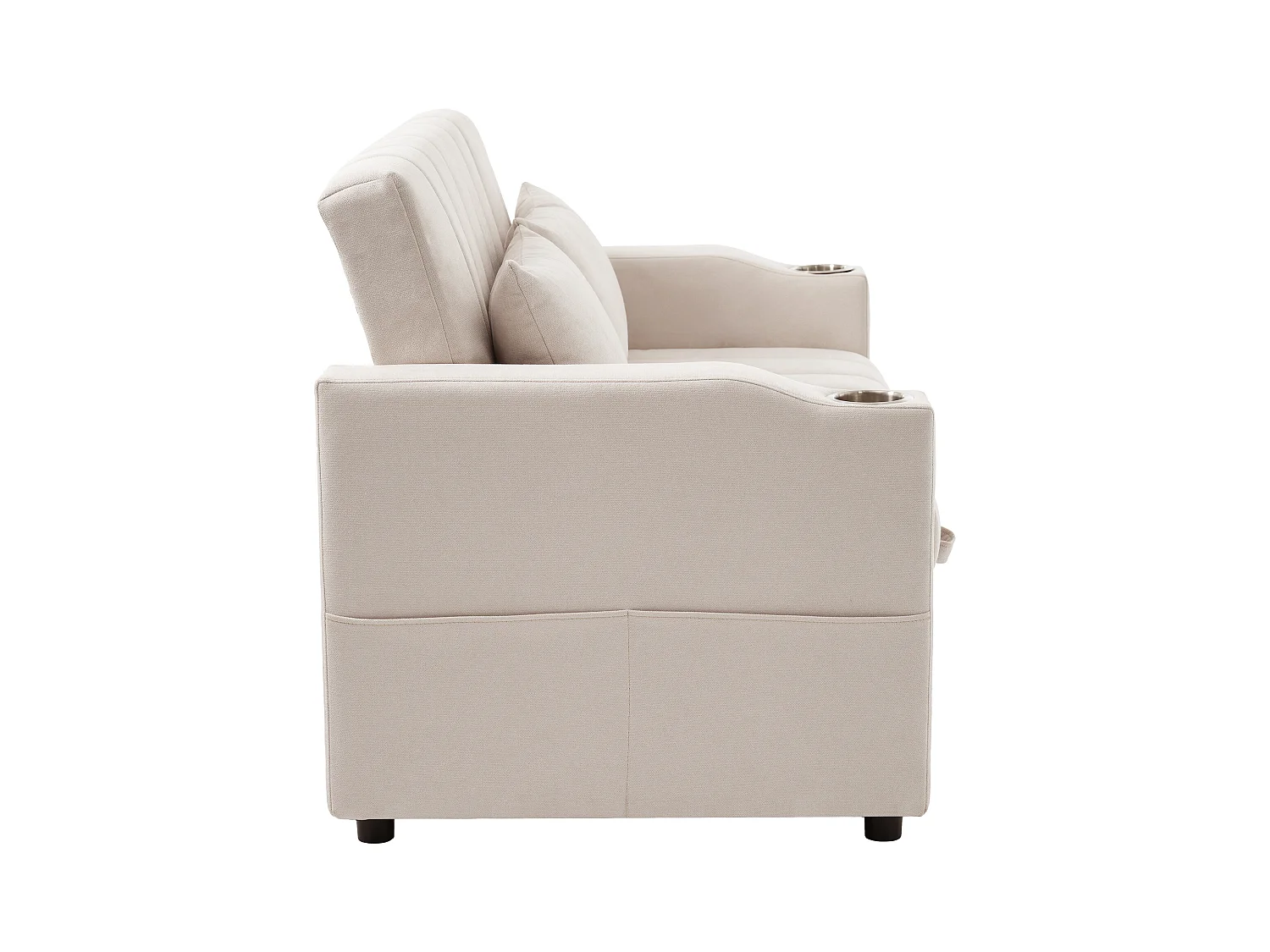 Sofá plegable de 2 plazas, terciopelo beige, con respaldo ajustable y portavasos, para salón o dormitorio