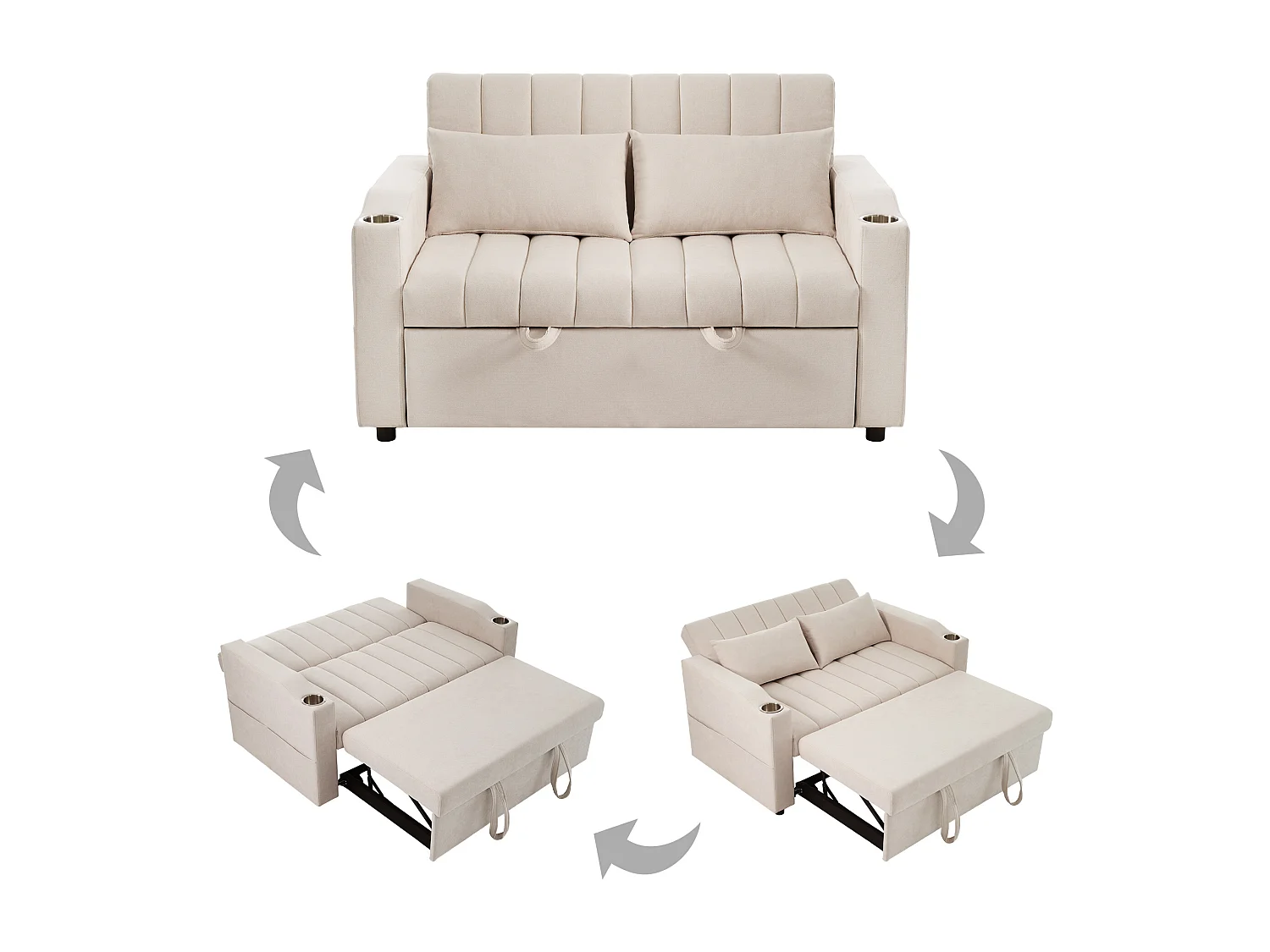 2-Sitzer-Klappsofa, beigefarbener Samt, mit verstellbarer Rückenlehne, Getränkehalter – für Wohn- oder Schlafzimmer