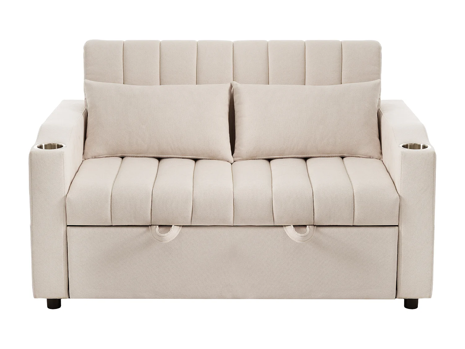 2-Sitzer-Klappsofa, beigefarbener Samt, mit verstellbarer Rückenlehne, Getränkehalter – für Wohn- oder Schlafzimmer