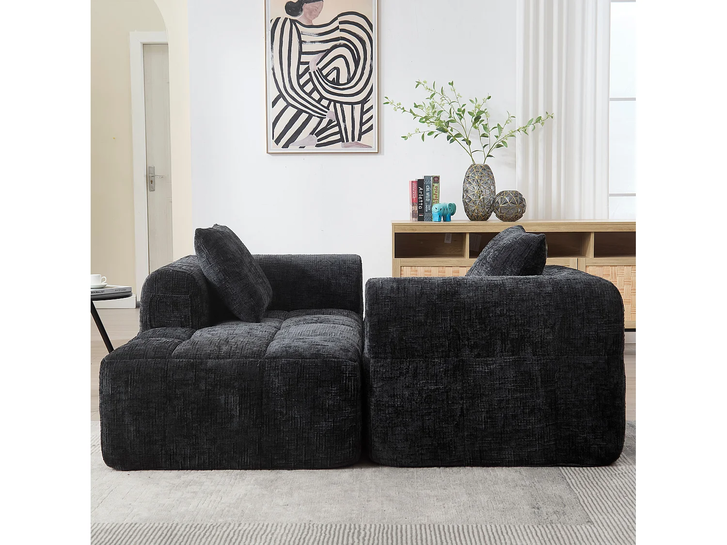 Canapé 3 places, chenille noir, canapé trois places avec accoudoirs et coussins, pour salon et bureau