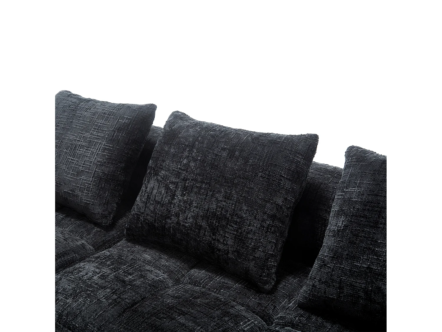 Canapé 3 places, chenille noir, canapé trois places avec accoudoirs et coussins, pour salon et bureau