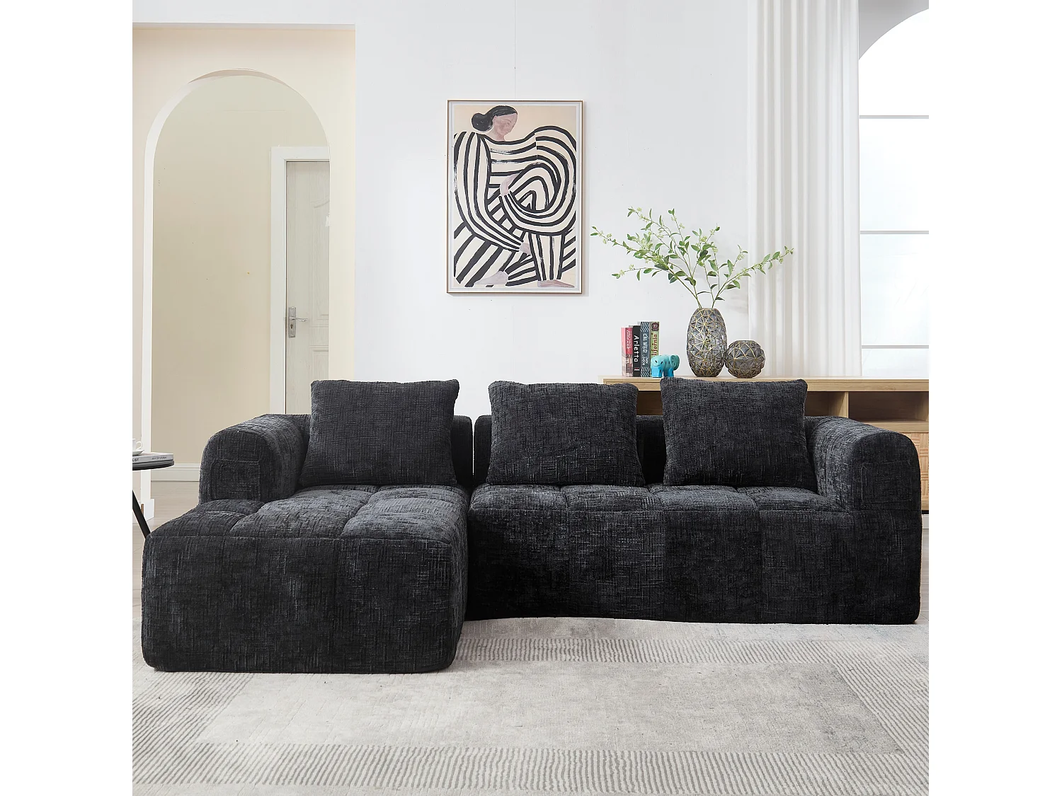 L-förmiges Sofa, schwarzes Chenille-Dreisitzer-Sofa mit Armlehnen und Kissen, für Wohnzimmer und Büro