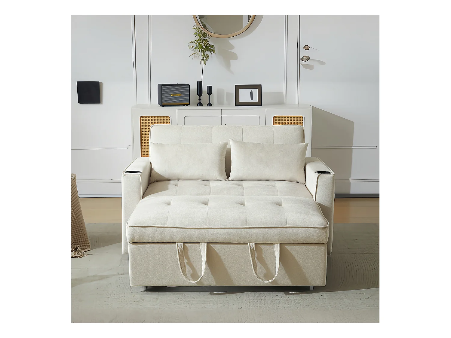 Canapé convertible 3-en-1 avec dossier réglable et porte-gobelets, velours beige, pour petit espace ou studio