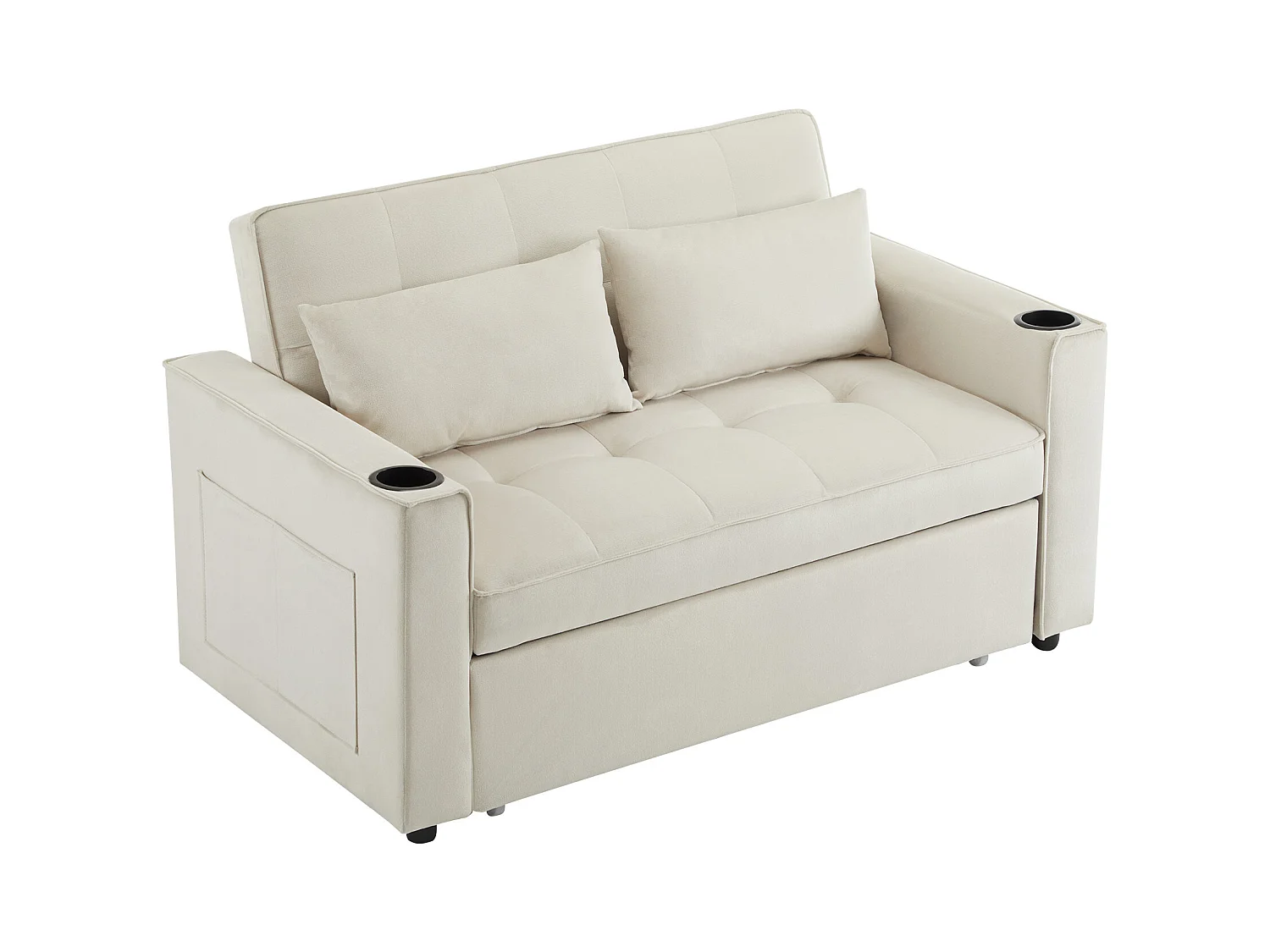 Canapé convertible 3-en-1 avec dossier réglable et porte-gobelets, velours beige, pour petit espace ou studio