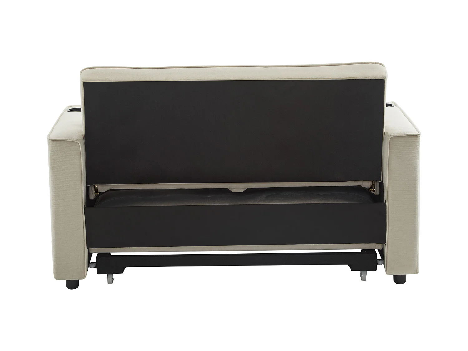 Canapé convertible 3-en-1 avec dossier réglable et porte-gobelets, velours beige, pour petit espace ou studio