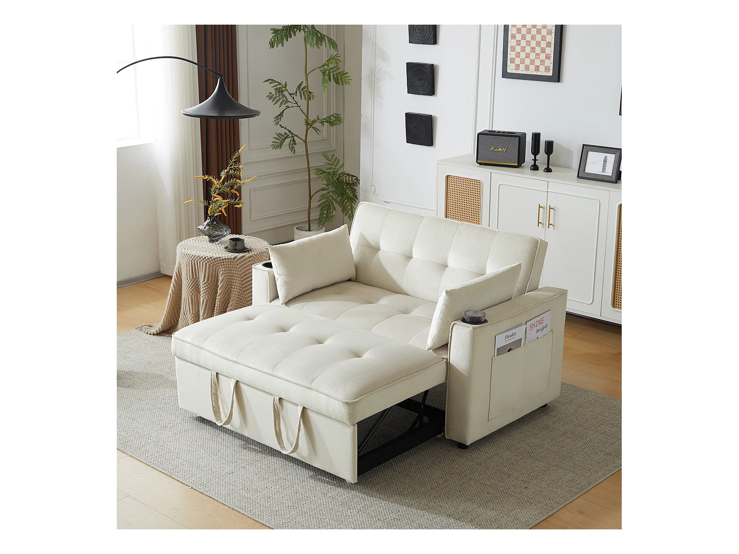 Canapé convertible 3-en-1 avec dossier réglable et porte-gobelets, velours beige, pour petit espace ou studio