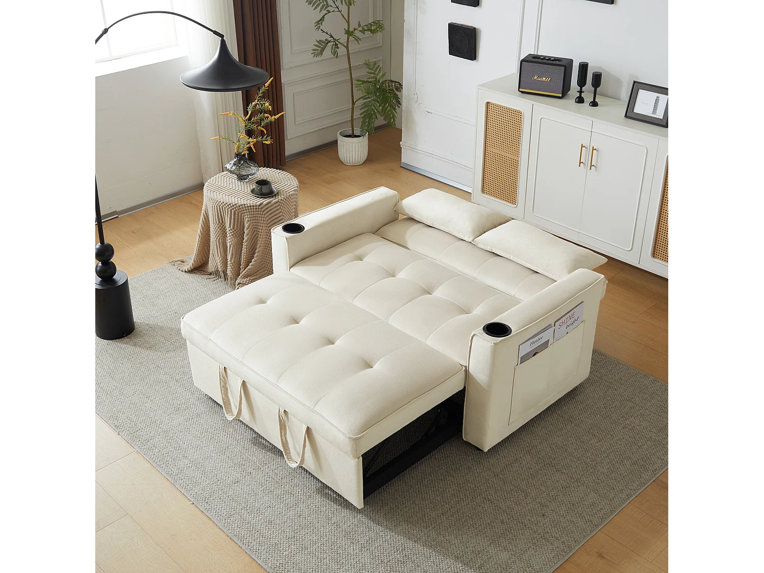 Canapé convertible 3-en-1 avec dossier réglable et porte-gobelets, velours beige, pour petit espace ou studio