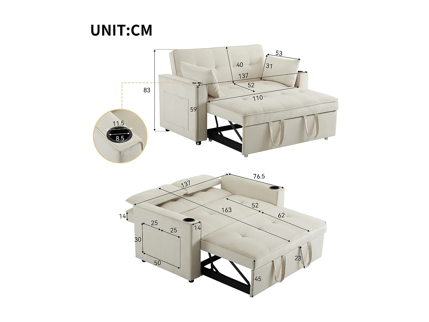 Canapé convertible 3-en-1 avec dossier réglable et porte-gobelets, velours beige, pour petit espace ou studio