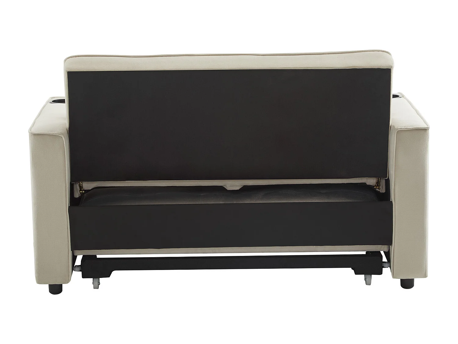 Canapé convertible 3-en-1 avec dossier réglable et porte-gobelets, velours beige, pour petit espace ou studio