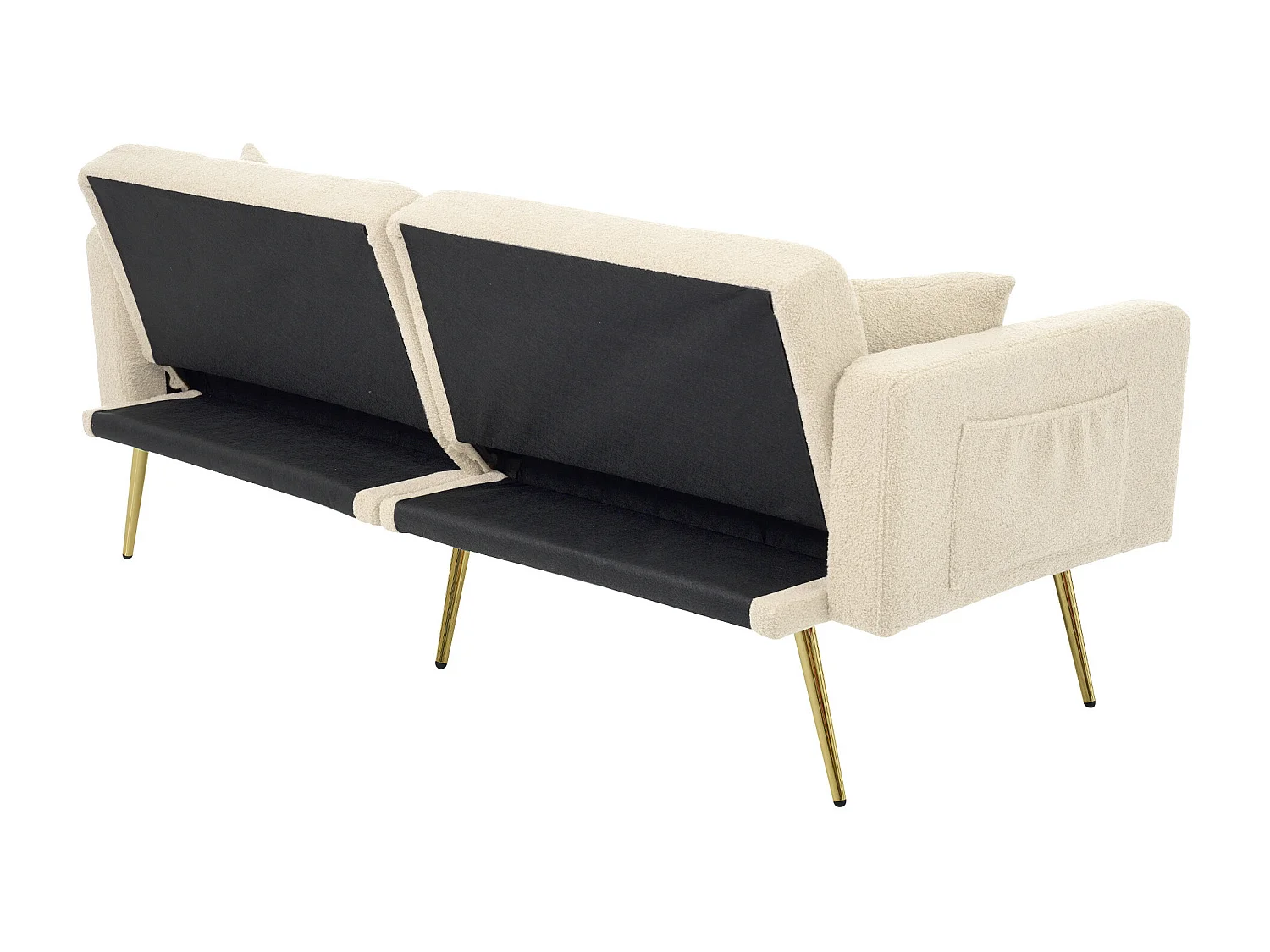 Canapé 2 places, peluche beige, avec dossier rembourré réglable, pieds dorés