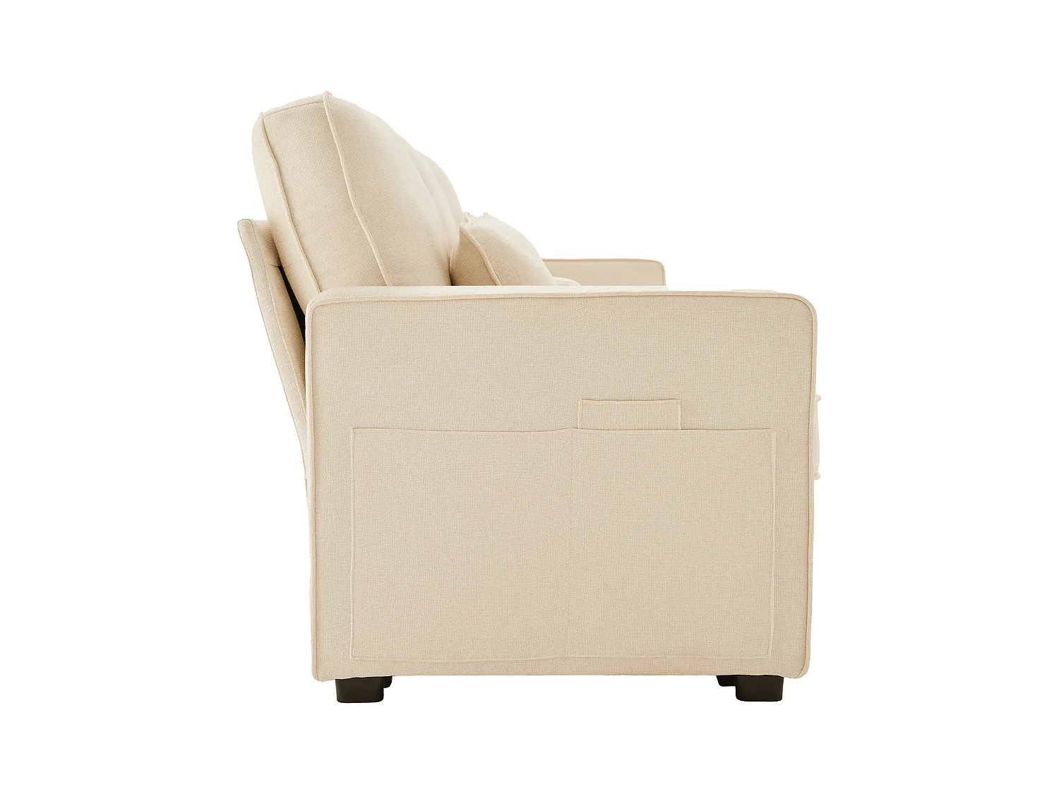 Beżowa, lniana sofa 4-osobowa z portami USB, stolikiem konsolowym i uchwytami na kubki – z poduszkami i podłokietnikami, do salonu lub biura