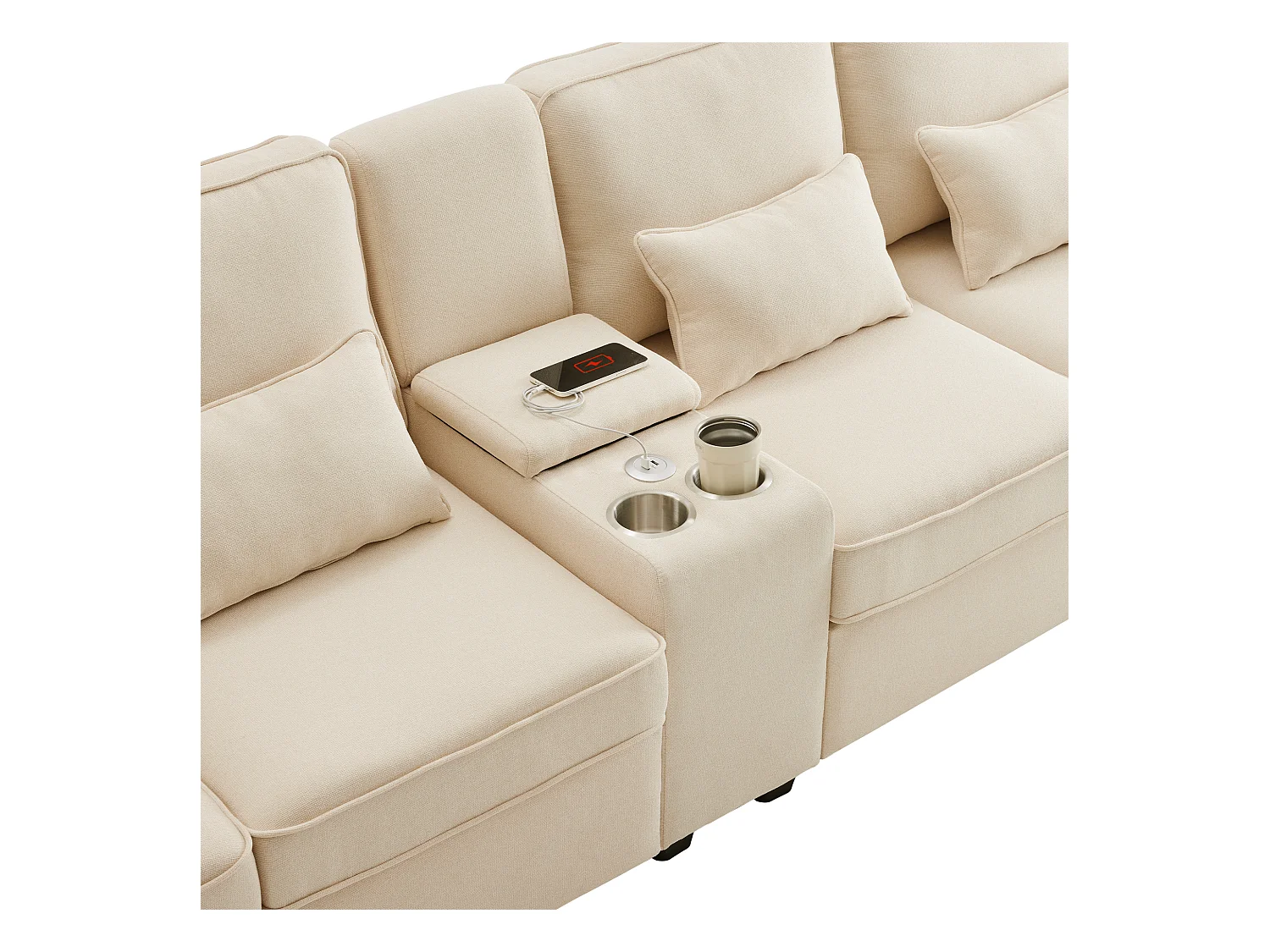 Beżowa, lniana sofa 4-osobowa z portami USB, stolikiem konsolowym i uchwytami na kubki – z poduszkami i podłokietnikami, do salonu lub biura