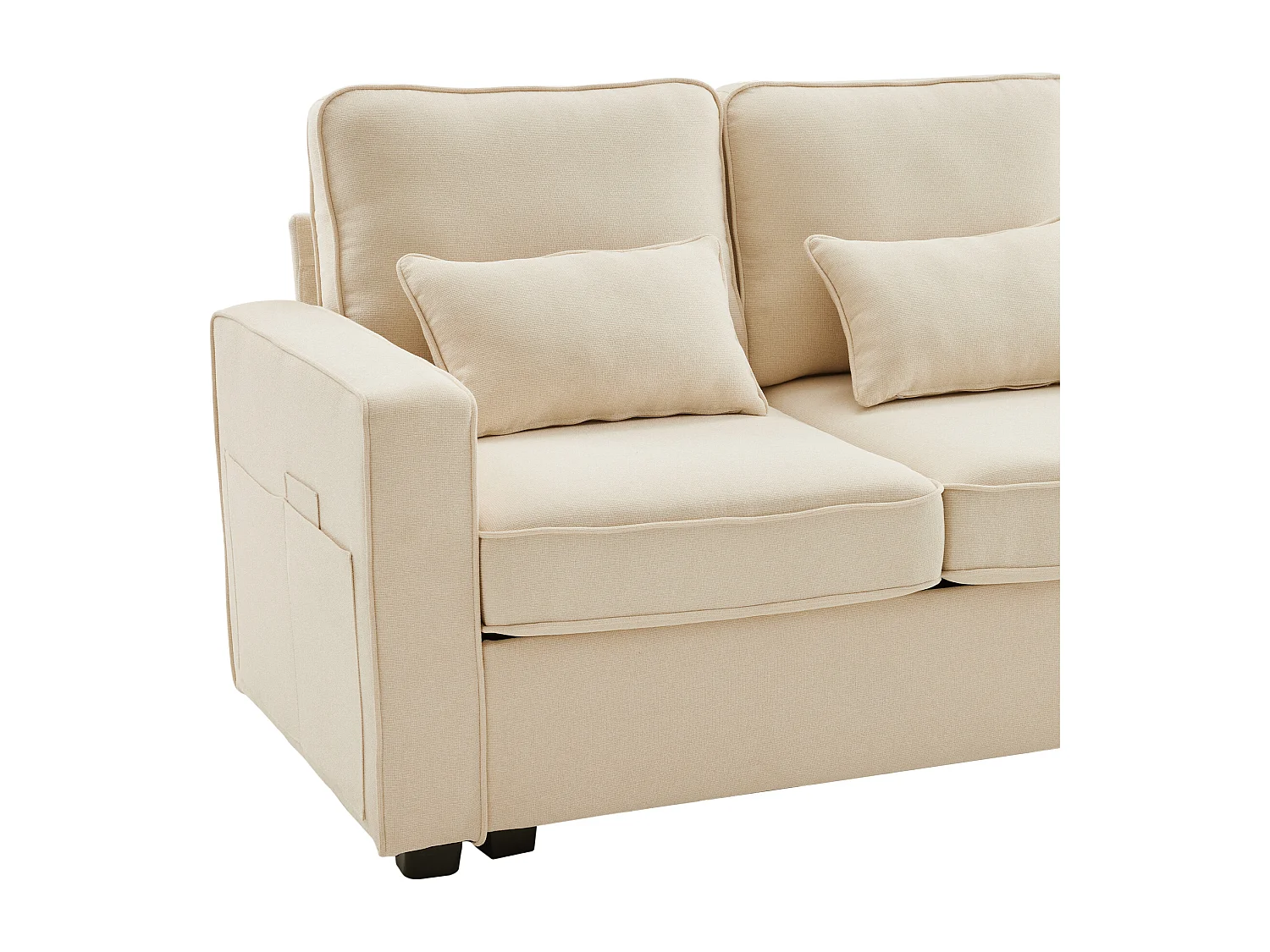 Beige linnen 4-zitsbank met USB-aansluitingen, consoletafel en bekerhouders – Met kussens en armleuningen, voor woonkamer of kantoor