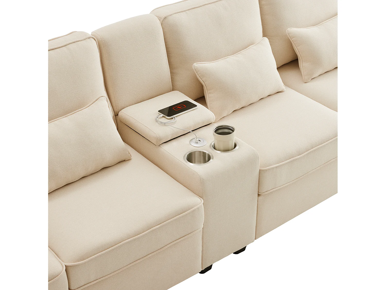 Beiges 4-Sitzer-Sofa aus Leinen mit USB-Anschlüssen, Konsolentisch und Getränkehaltern – Mit Kissen, für Wohnzimmer oder Büro