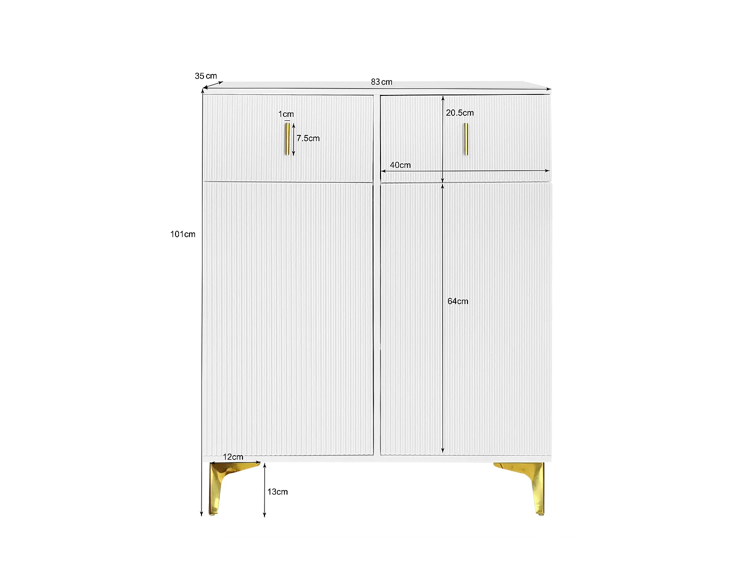 Meuble à chaussures blanc avec tiroirs, portes texturées, étagères réglables, poignées et pieds dorés - design élégant