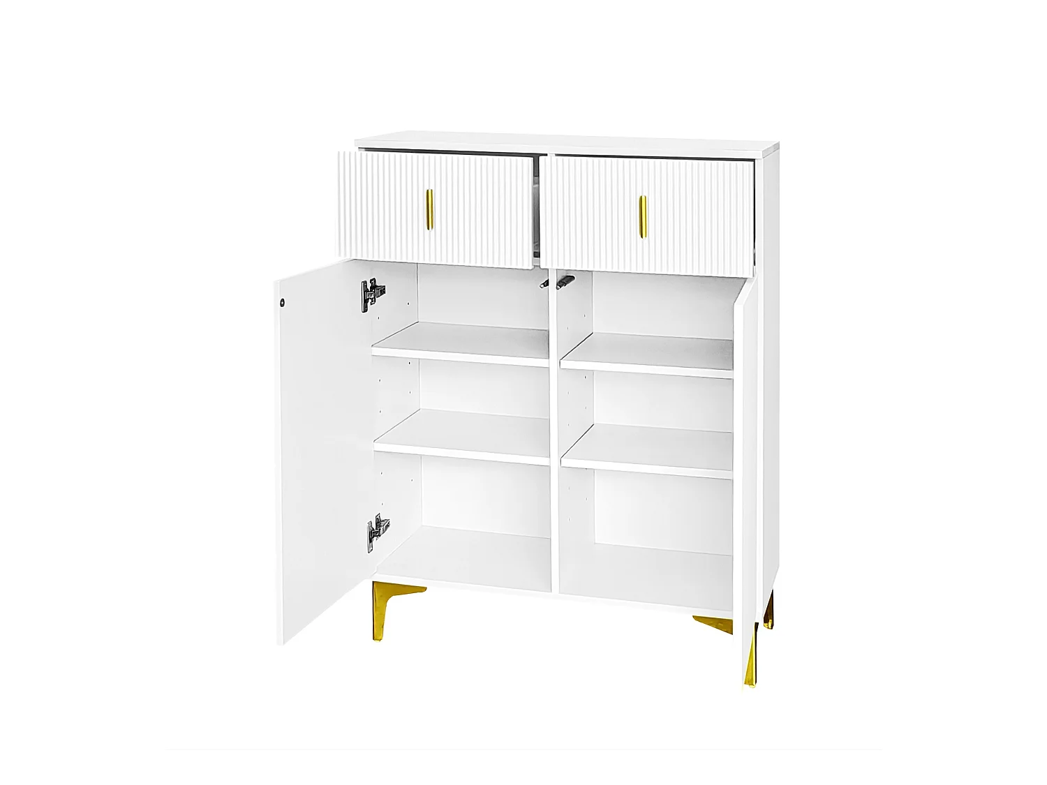 Meuble à chaussures blanc avec tiroirs, portes texturées, étagères réglables, poignées et pieds dorés - design élégant