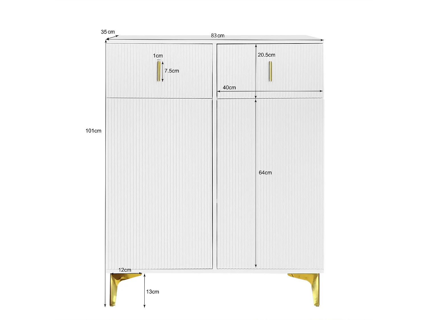 Meuble à chaussures blanc avec tiroirs, portes texturées, étagères réglables, poignées et pieds dorés - design élégant