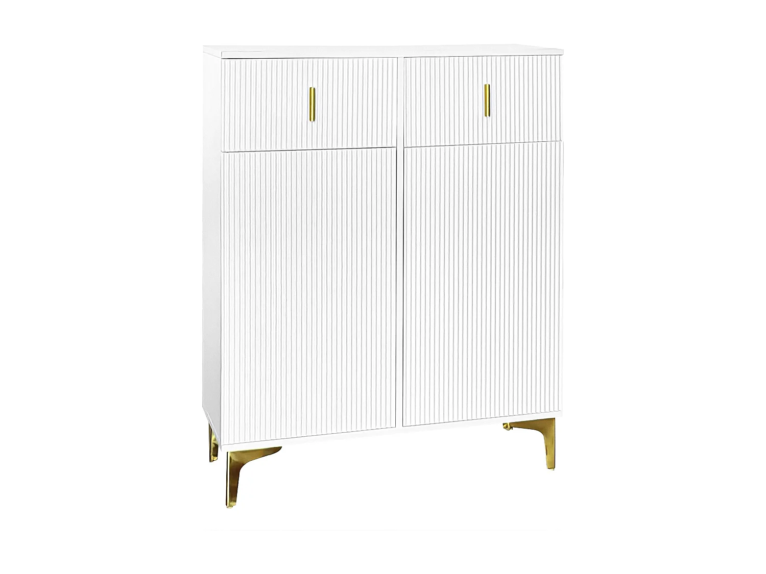 Meuble à chaussures blanc avec tiroirs, portes texturées, étagères réglables, poignées et pieds dorés - design élégant