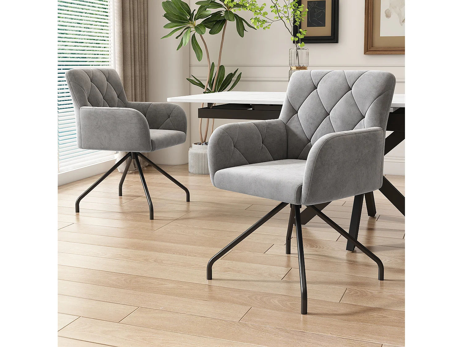 Set van 4 eetkamerstoelen, lichtgrijs fluweel, stoel met rugleuning met ruitpatroon, zwarte metalen poten