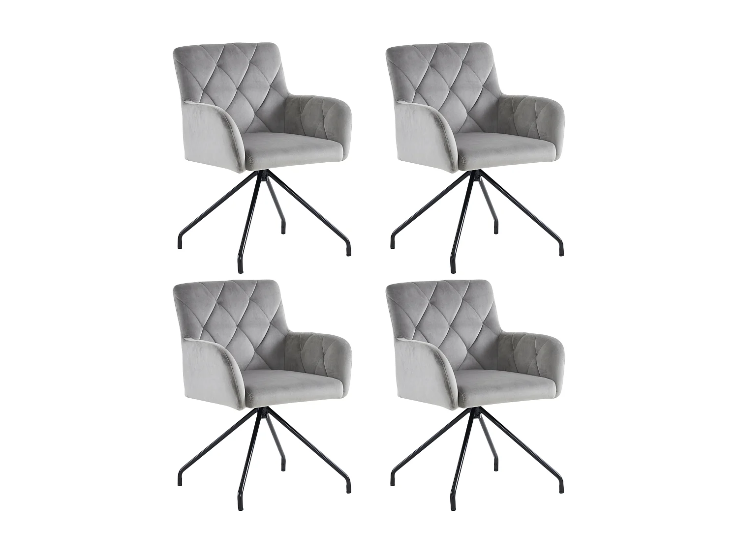 Lot de 4 chaises de salle à manger, velours gris clair, chaise avec dossier à motif losange, pieds en métal noir