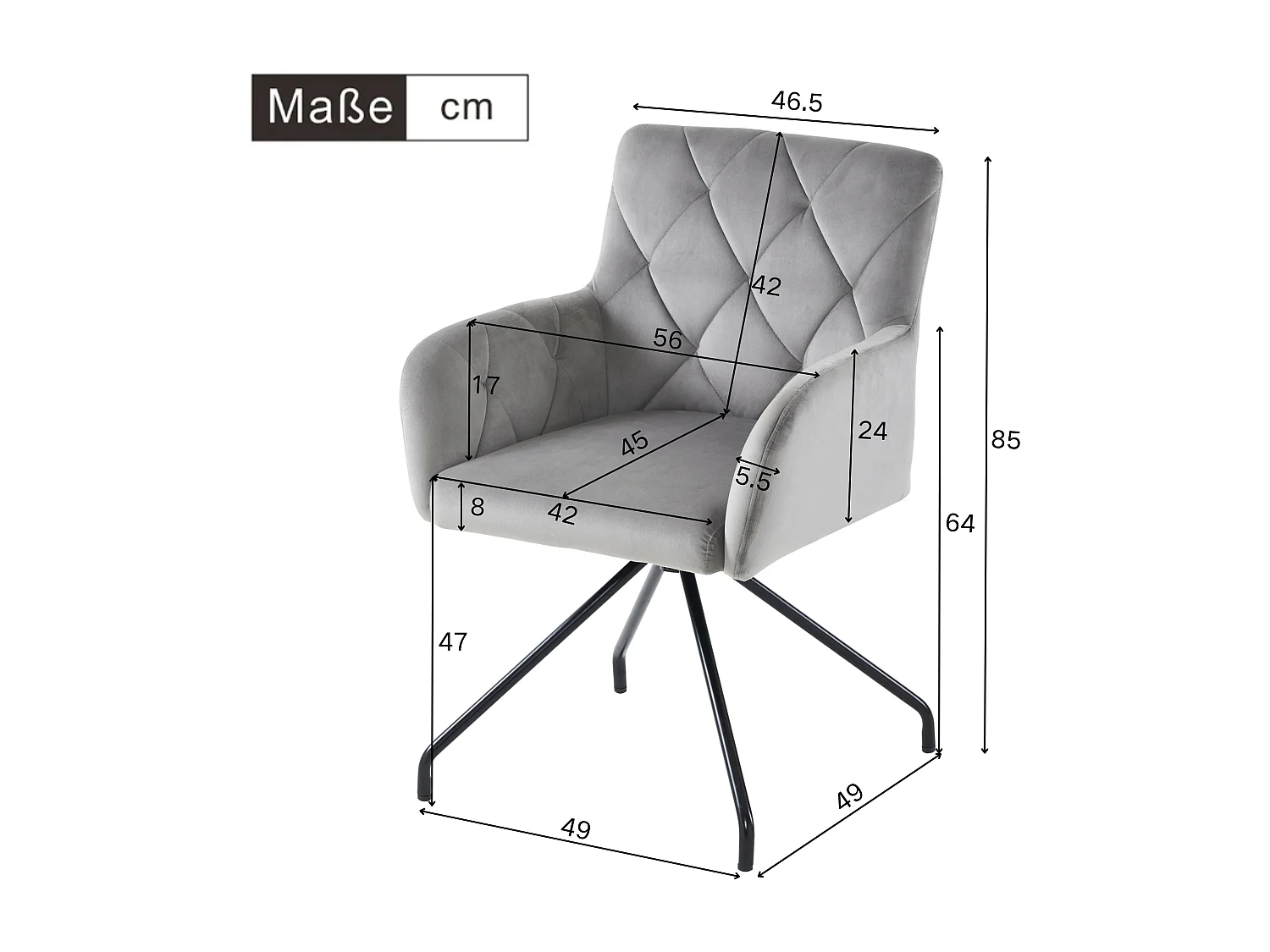 Lot de 4 chaises de salle à manger, velours gris clair, chaise avec dossier à motif losange, pieds en métal noir