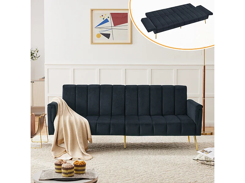 Modernes schwarzes Samtsofa mit verstellbarer Rückenlehne und Armlehnen – für Wohnzimmer, Schlafzimmer oder Heimkino