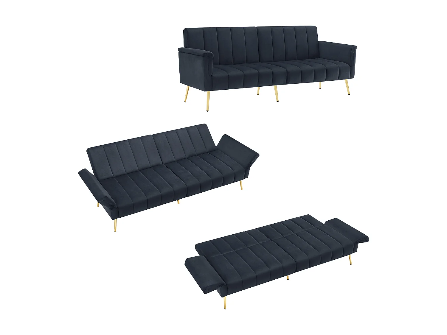 Canapé 2 places en velours noir, avec dossier et accoudoirs réglables – pour salon, chambre ou home cinéma