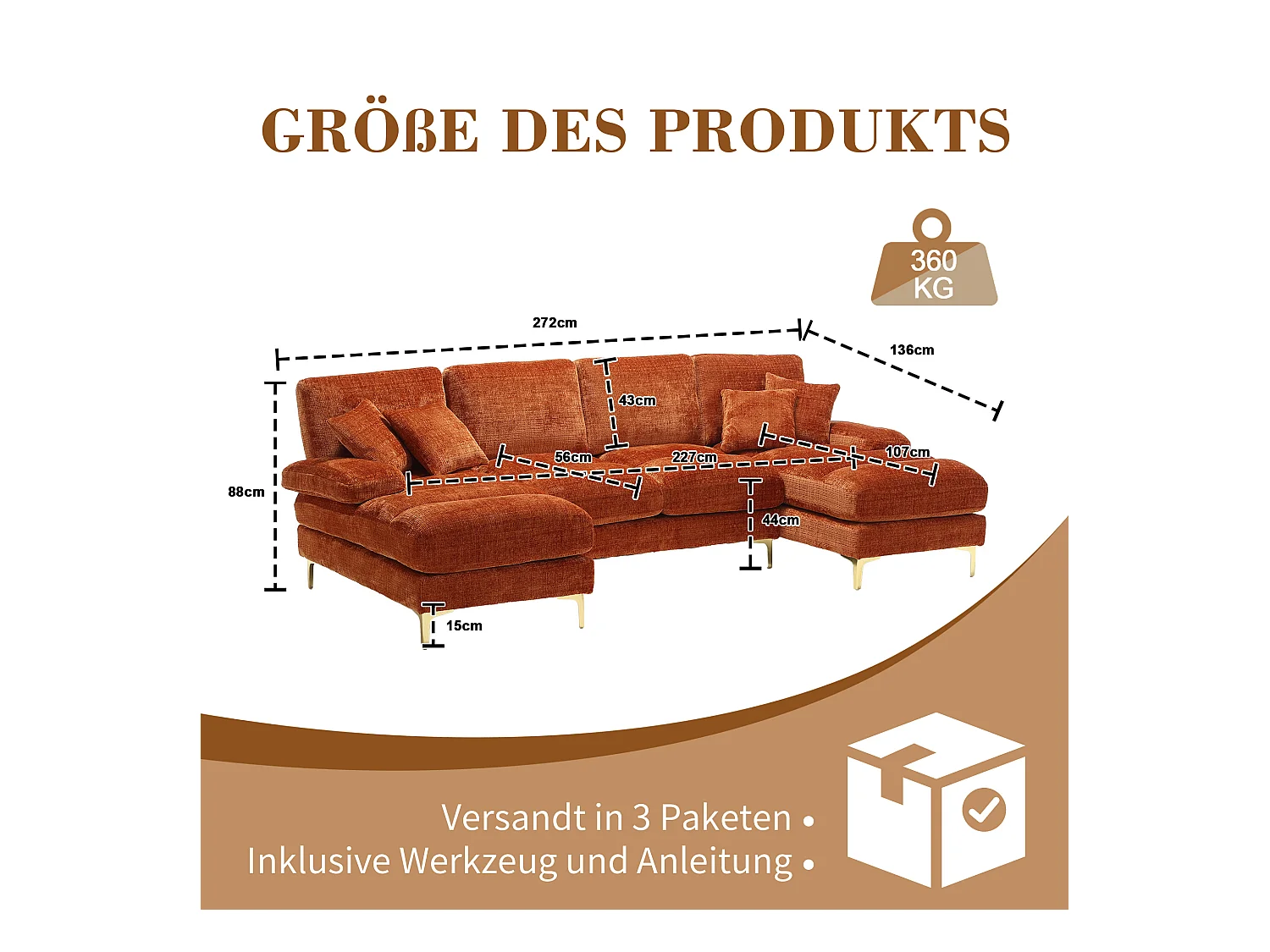 Pomarańczowa sofa w kształcie litery U z szenili, tapicerowana, z poduszkami i poduszkami dekoracyjnymi, do salonu i sypialni