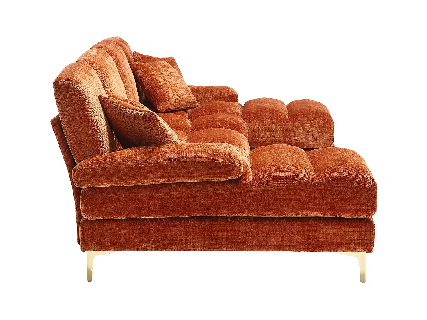 Pomarańczowa sofa w kształcie litery U z szenili, tapicerowana, z poduszkami i poduszkami dekoracyjnymi, do salonu i sypialni