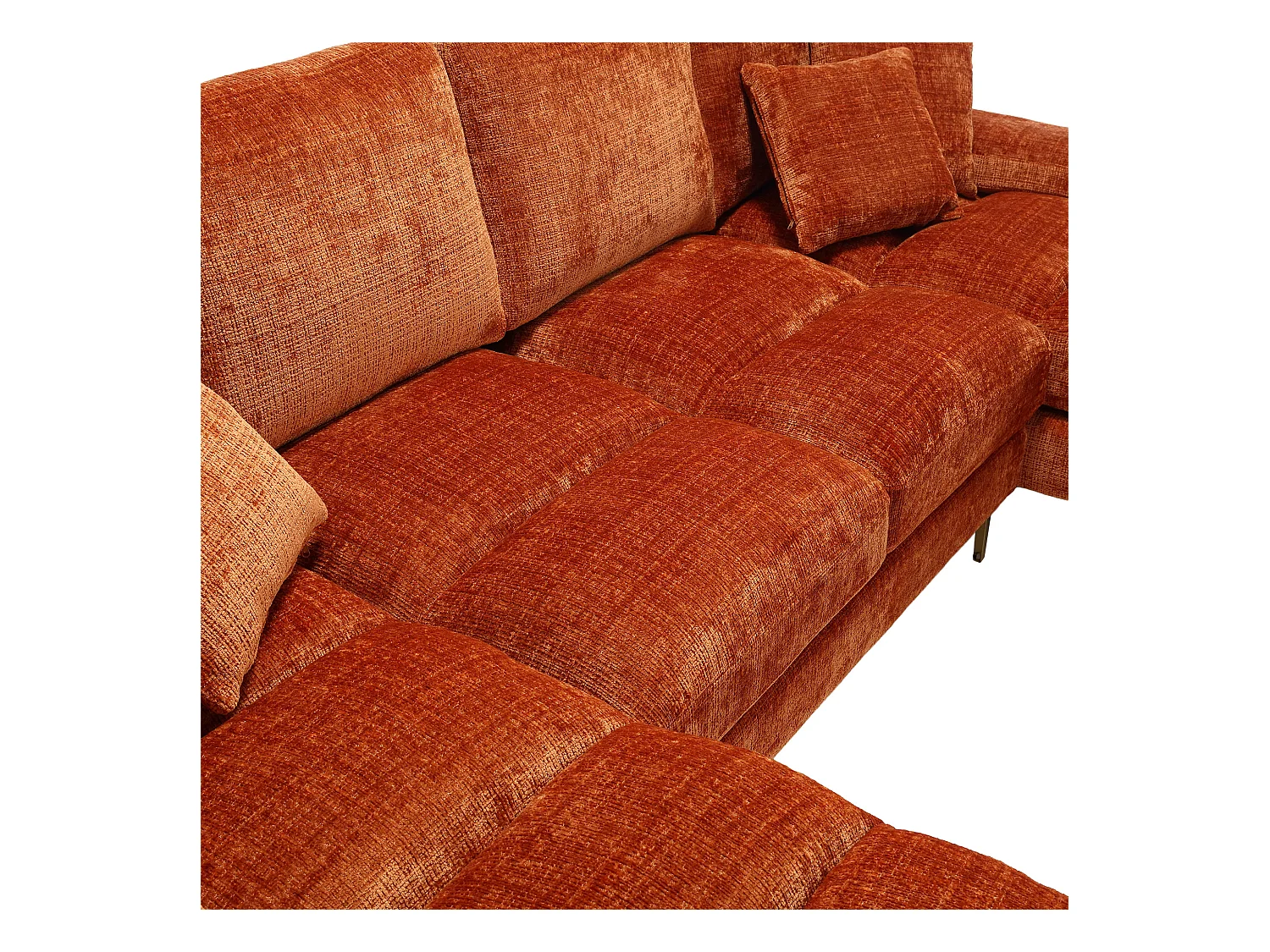 Pomarańczowa sofa w kształcie litery U z szenili, tapicerowana, z poduszkami i poduszkami dekoracyjnymi, do salonu i sypialni