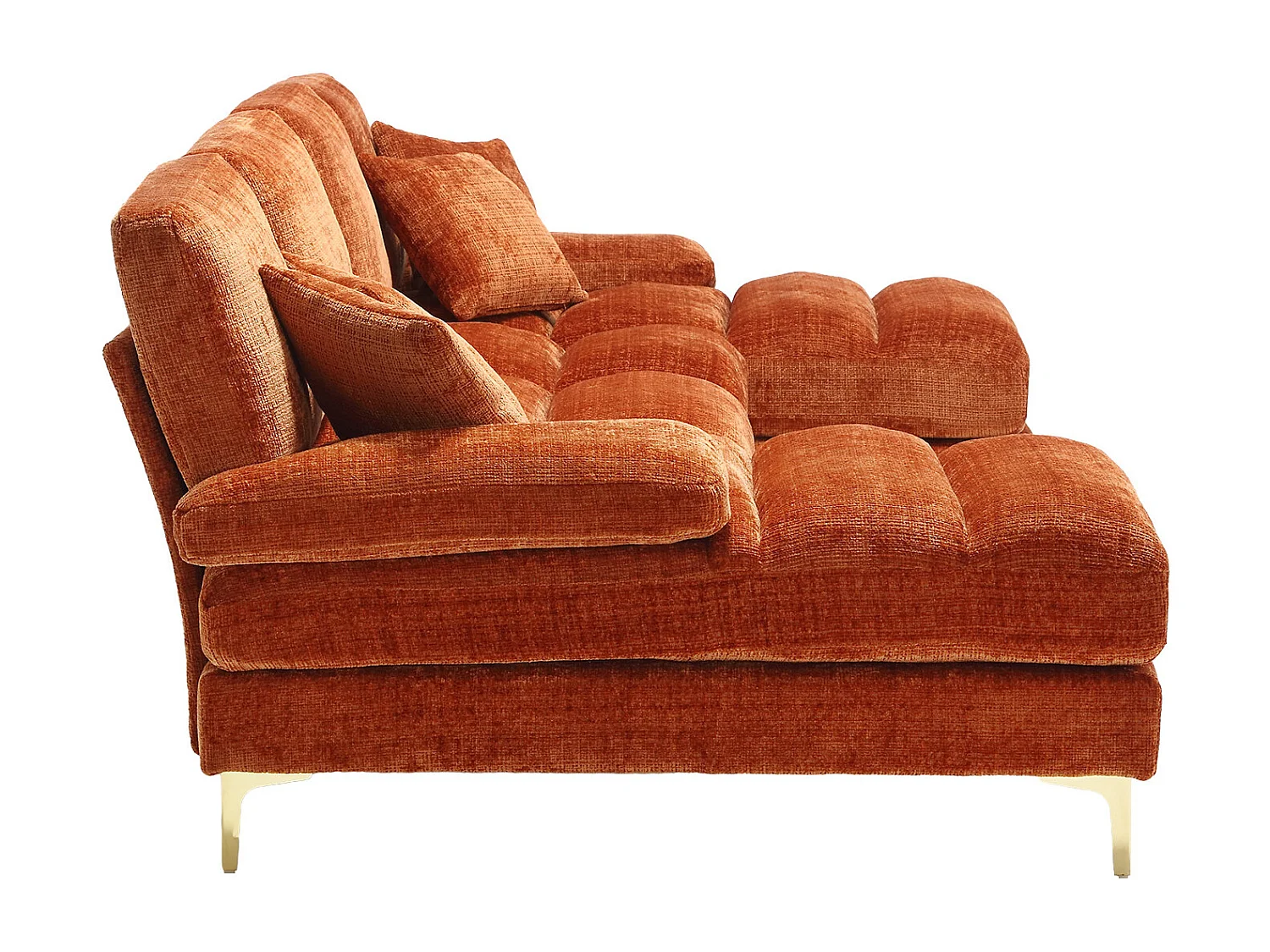 Sofá en forma de U de chenilla naranja, tapizado con cojines y cojines decorativos - para salón y dormitorio