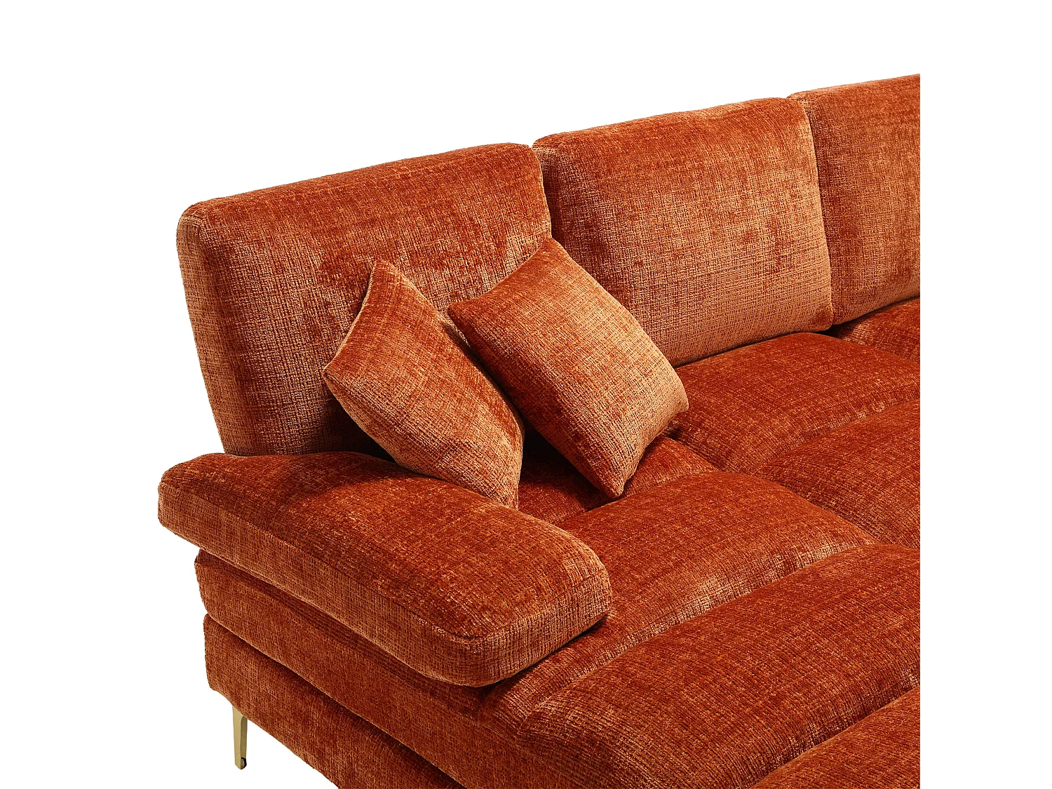 Sofá en forma de U de chenilla naranja, tapizado con cojines y cojines decorativos - para salón y dormitorio