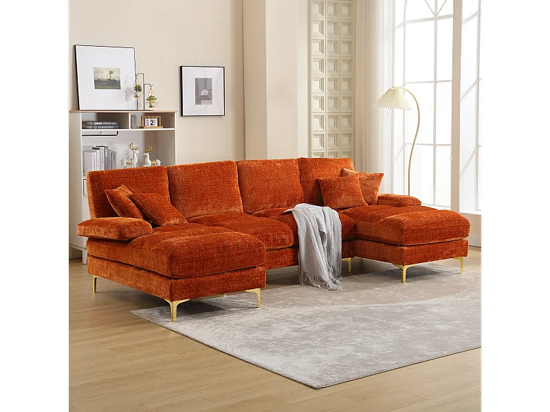 Divano a U in ciniglia arancione, divano imbottito con cuscini e cuscini decorativi - per soggiorno e camera da letto