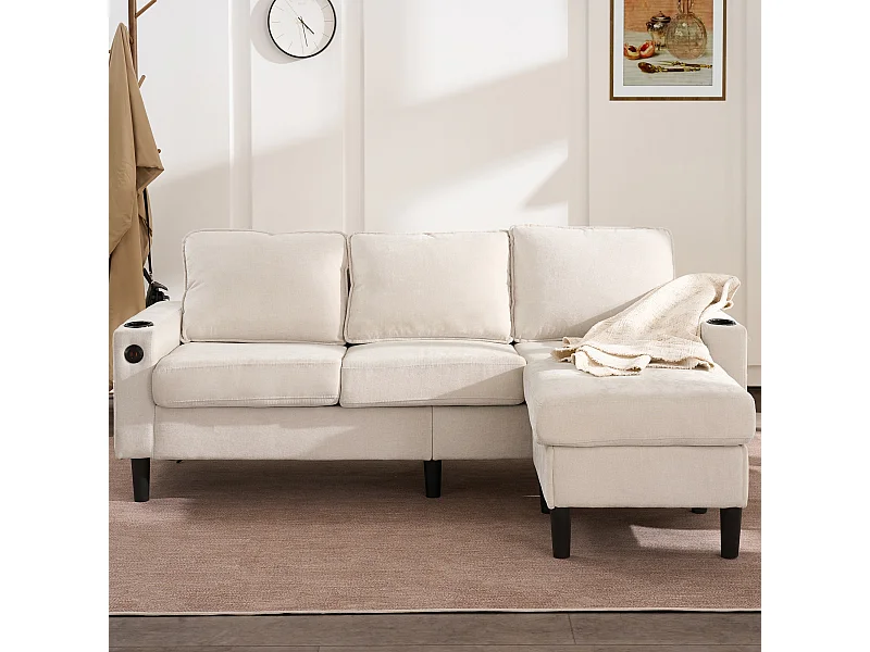 3-zitsbank, beige linnen, L-vormige bank met USB- en Type-C-aansluitingen, 2 bekerhouders, voor woonkamer en slaapkamer