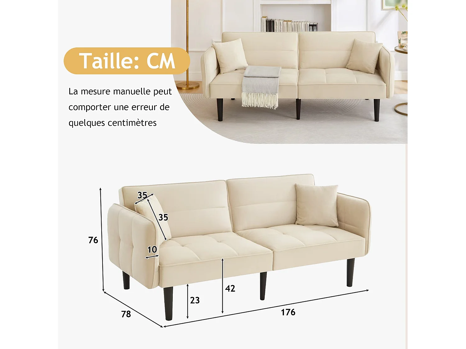 Divano a 2 posti, velluto beige, imbottito con schienale regolabile, gambe in legno nero