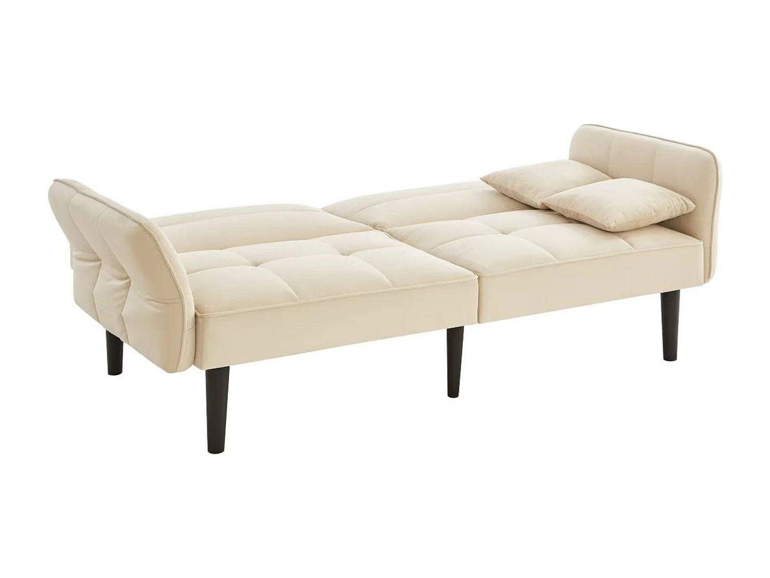 Divano a 2 posti, velluto beige, imbottito con schienale regolabile, gambe in legno nero