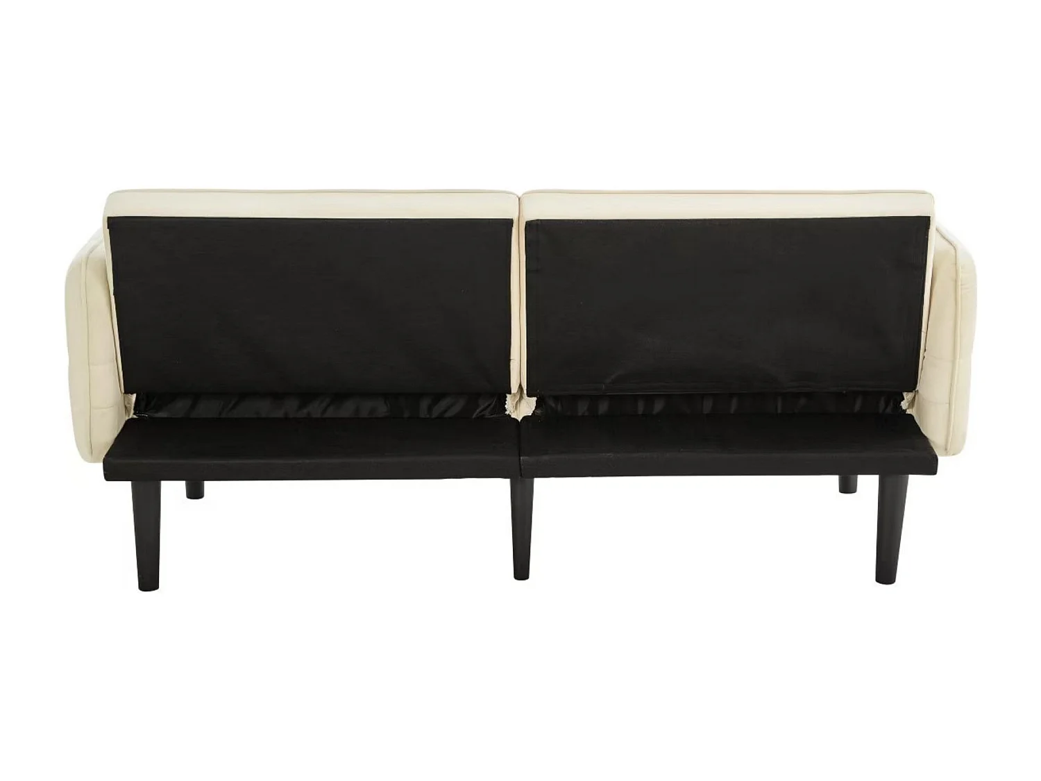 Divano a 2 posti, velluto beige, imbottito con schienale regolabile, gambe in legno nero