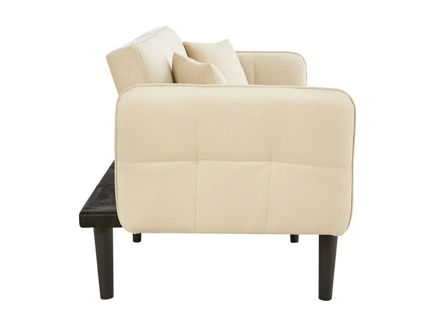 Divano a 2 posti, velluto beige, imbottito con schienale regolabile, gambe in legno nero