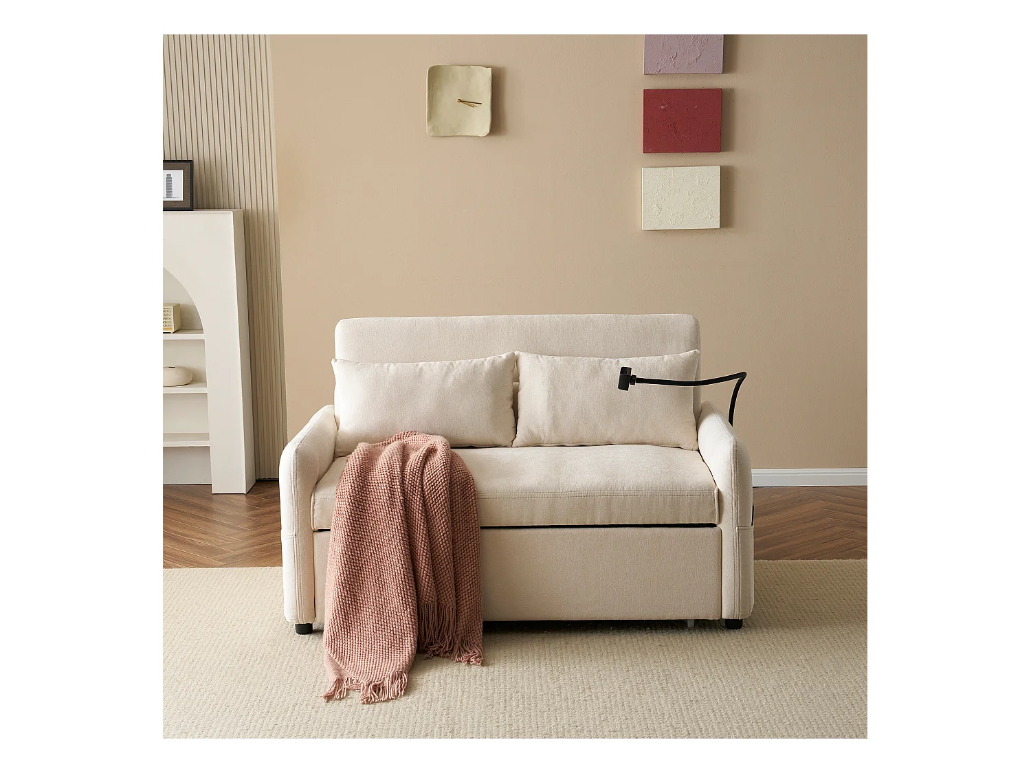 Canapé pliant 2 places, chenille beige, avec port USB et support de téléphone - pour salon et chambre