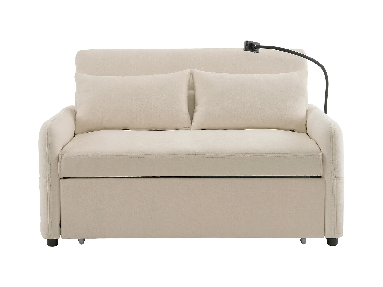 Canapé pliant 2 places, chenille beige, avec port USB et support de téléphone - pour salon et chambre