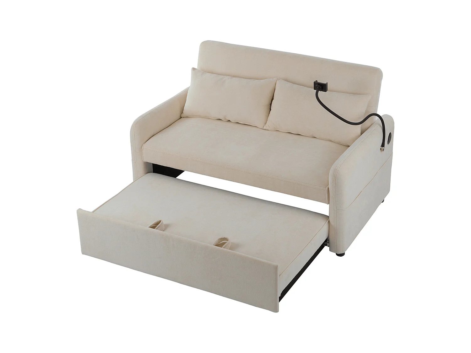 Canapé pliant 2 places, chenille beige, avec port USB et support de téléphone - pour salon et chambre