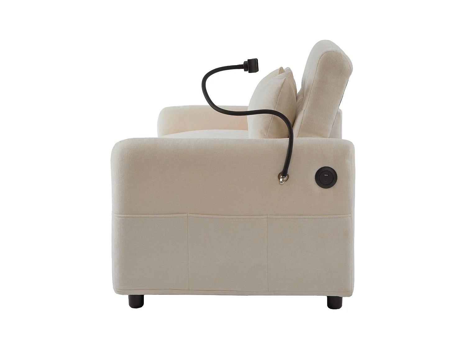 Canapé pliant 2 places, chenille beige, avec port USB et support de téléphone - pour salon et chambre