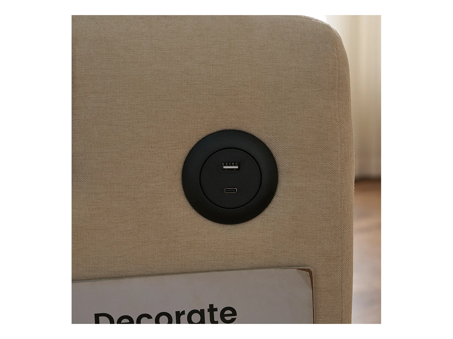 Canapé pliant 2 places, chenille beige, avec port USB et support de téléphone - pour salon et chambre