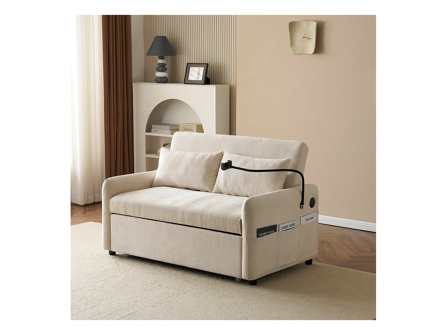 Canapé pliant 2 places, chenille beige, avec port USB et support de téléphone - pour salon et chambre