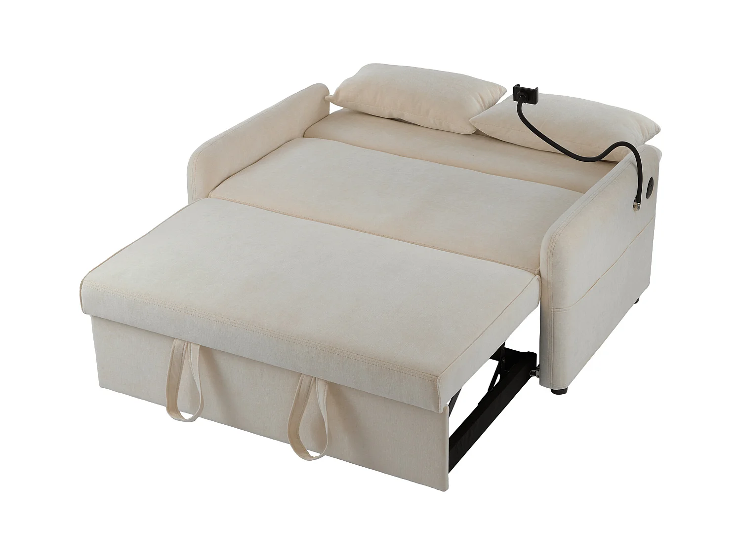 Beige chenille 2-zits opklapbare bank met USB-aansluiting en telefoonhouder - voor woonkamer en slaapkamer