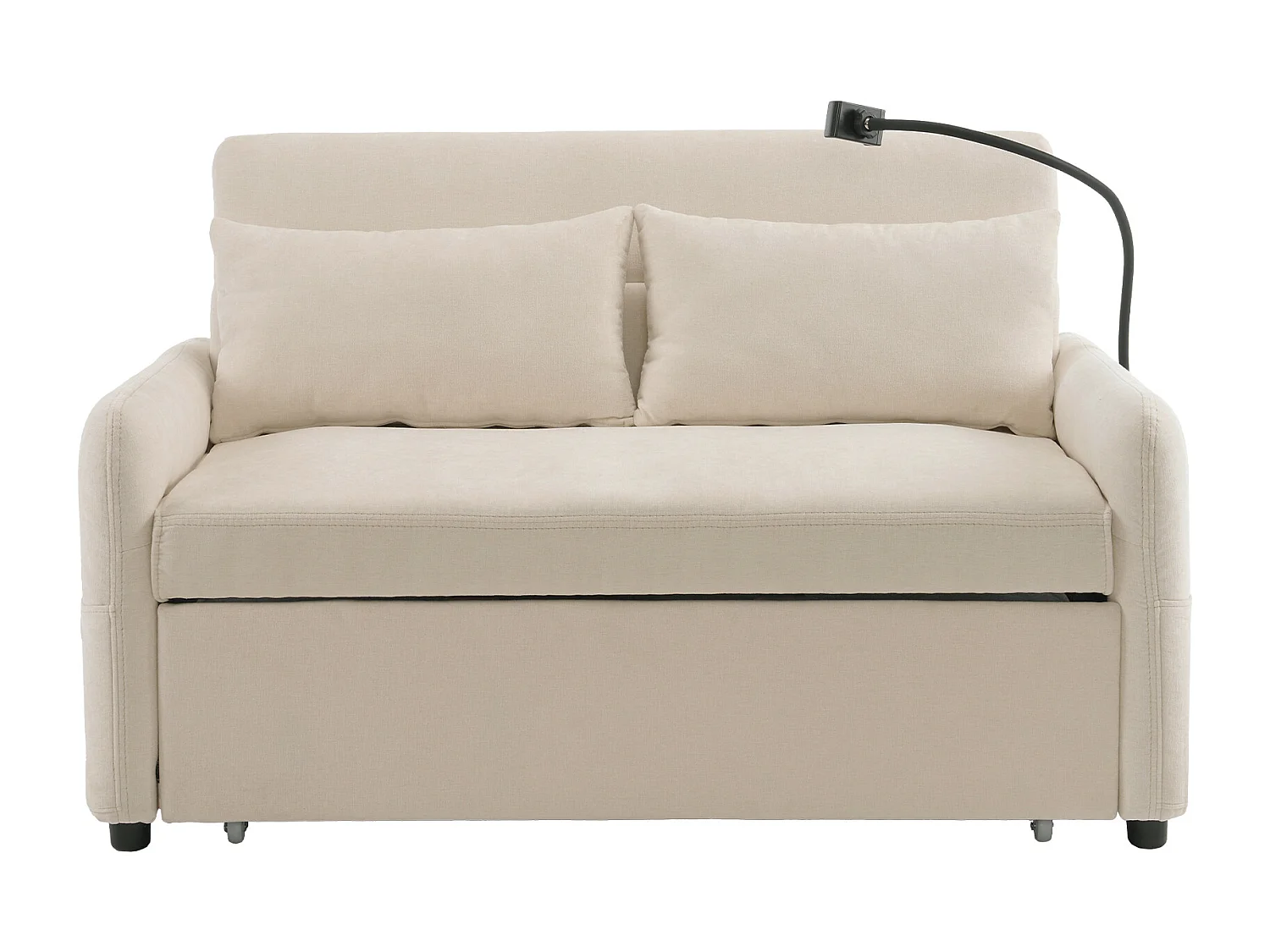 Beige chenille 2-zits opklapbare bank met USB-aansluiting en telefoonhouder - voor woonkamer en slaapkamer