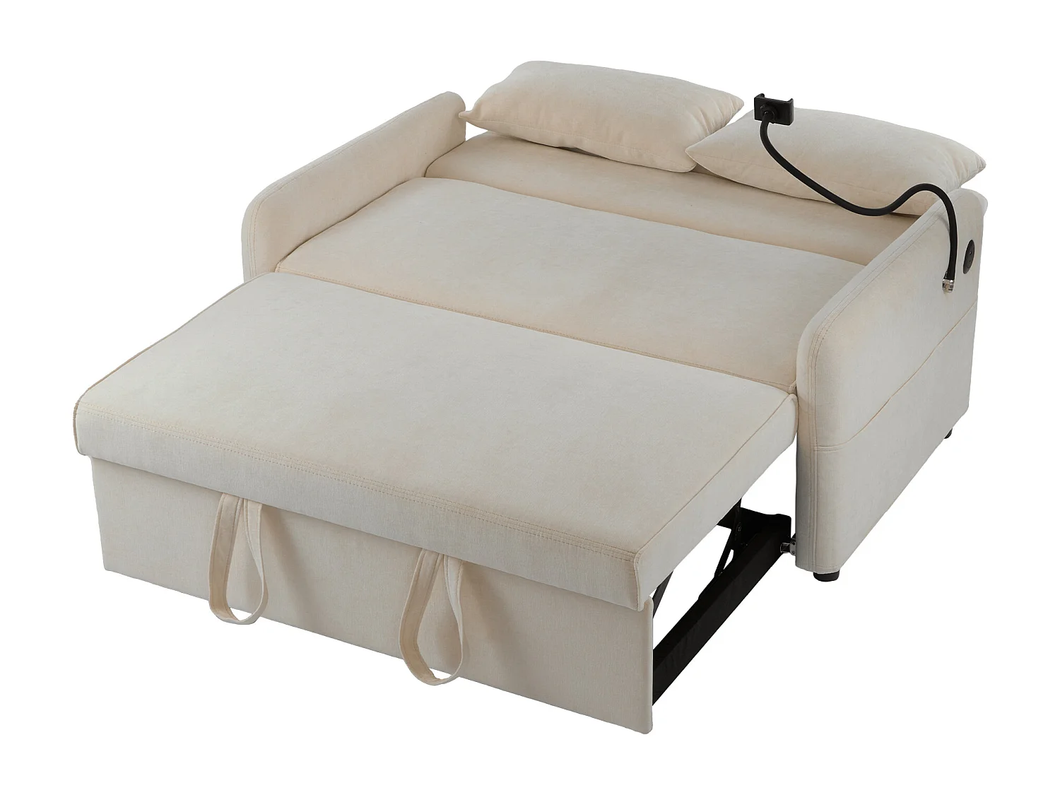 Beige chenille 2-zits opklapbare bank met USB-aansluiting en telefoonhouder - voor woonkamer en slaapkamer